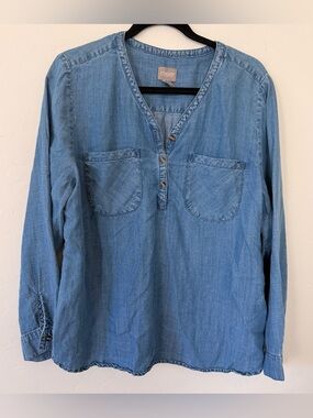 Chico's Chambray Denim Henley Blouse Size L